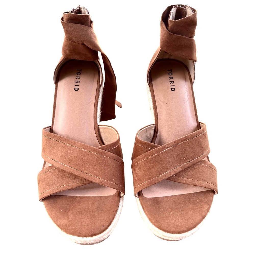 Torrid Espadrille Wedge Sandals 9.5 WW Brown Faux Suede Ankle Wrap